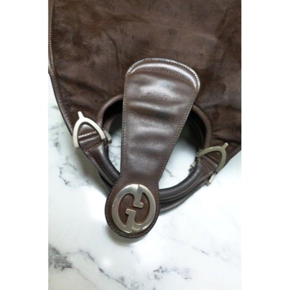 Gucci Brown Top Handle Shoulder Bag Suede Leather Gold GG - Picture 8 of 12